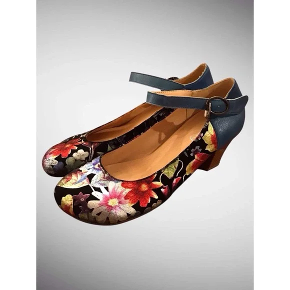 SOCOFY WOMEN'S LEATHER FLORAL MARY JANE STRAP PUMP HEELS SHOES SIZE 41 US 10.5 - Picture 3 of 9